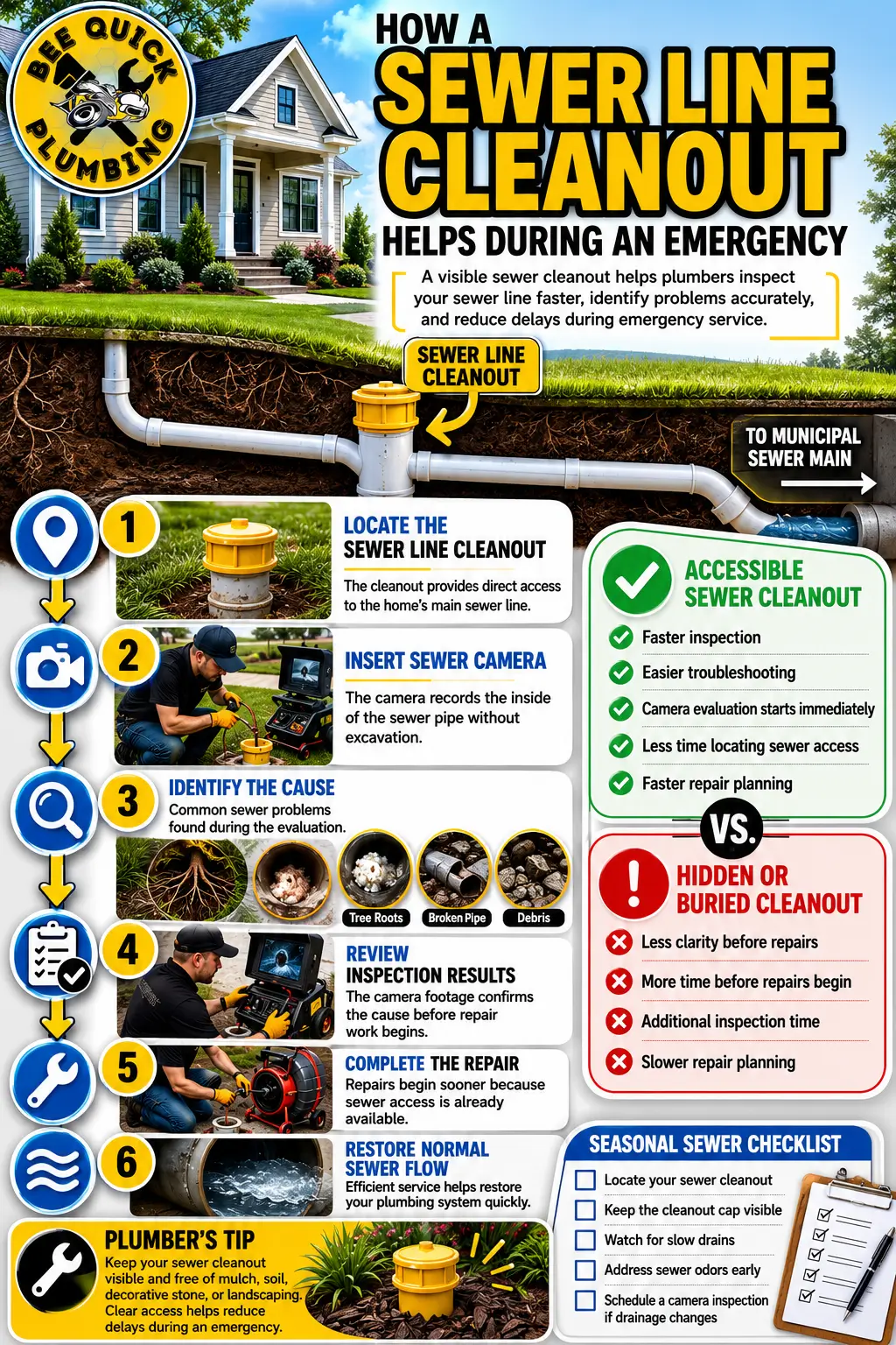 Infographic showing sewer line cleanout access improving inspections, identifying blockages, reducing delays, and supporting faster emergency repairs.