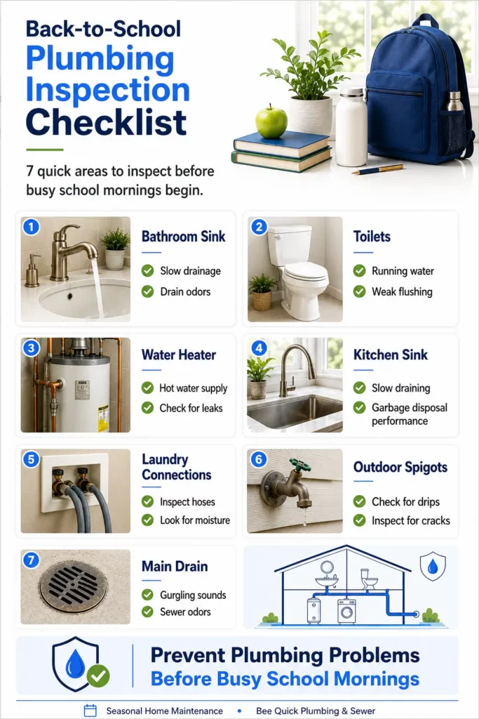 Back-to-school plumbing inspection in Naperville IL infographic showing seven key home plumbing checks, including bathroom sink, toilets, water heater, kitchen sink, laundry connections, outdoor spigots, and the main drain before busy school mornings.