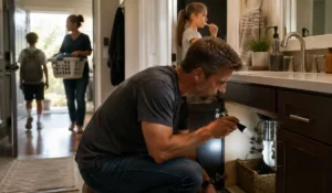 Homeowner inspecting plumbing under a bathroom sink while children get ready for school, showing a preventive plumbing inspection in Naperville IL before busy school mornings.