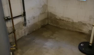 Musty basement with visible moisture staining on foundation walls and floor that may indicate hidden plumbing leaks or water seepage.