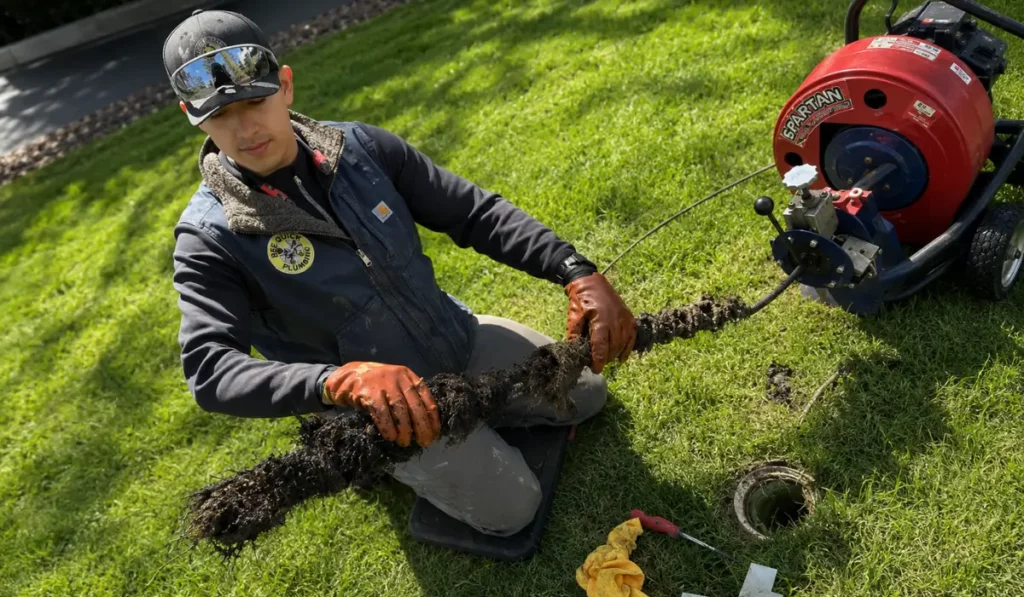 Technician inspecting Sewer Line Cleanout while removing tree roots to restore residential sewer flow safely and efficiently.
