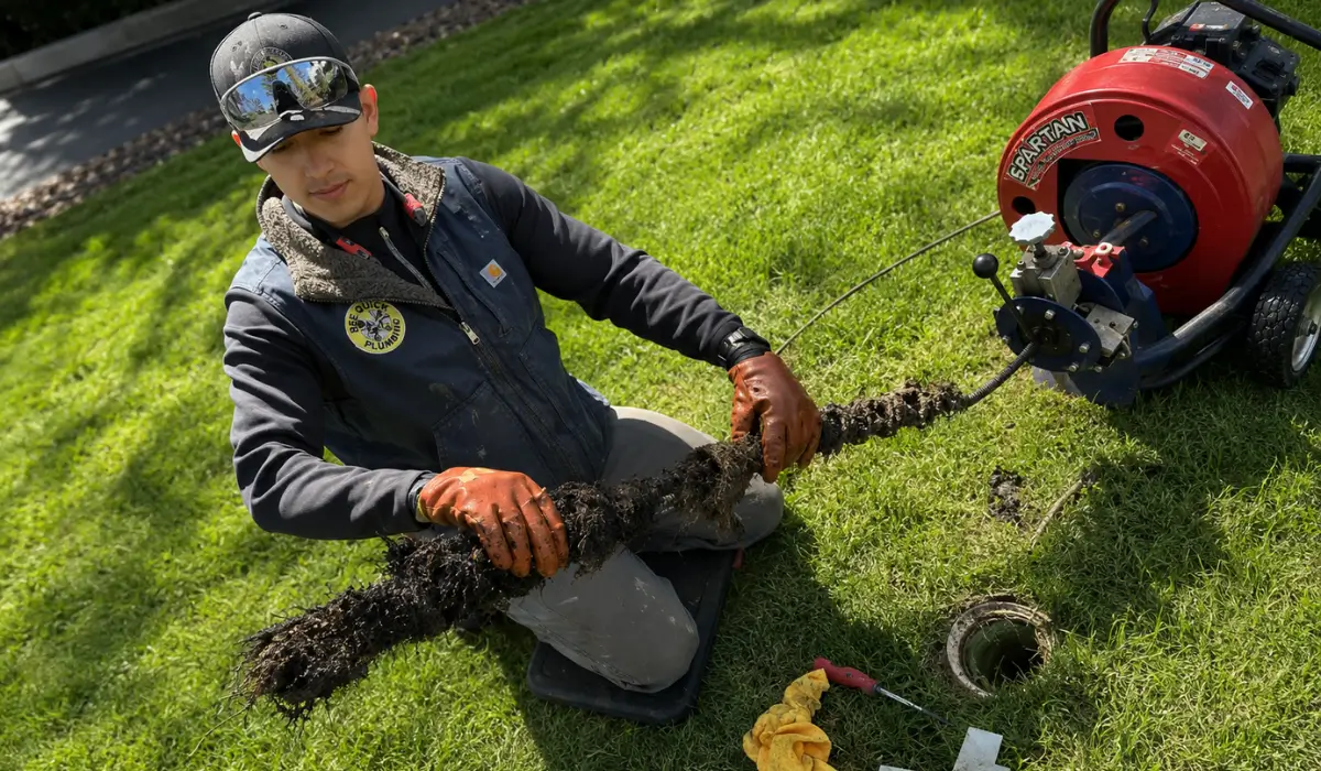 Technician inspecting Sewer Line Cleanout while removing tree roots to restore residential sewer flow safely and efficiently.