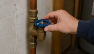 Shut Down Your Plumbing preparation includes checking a residential main water valve before leaving home for vacation.