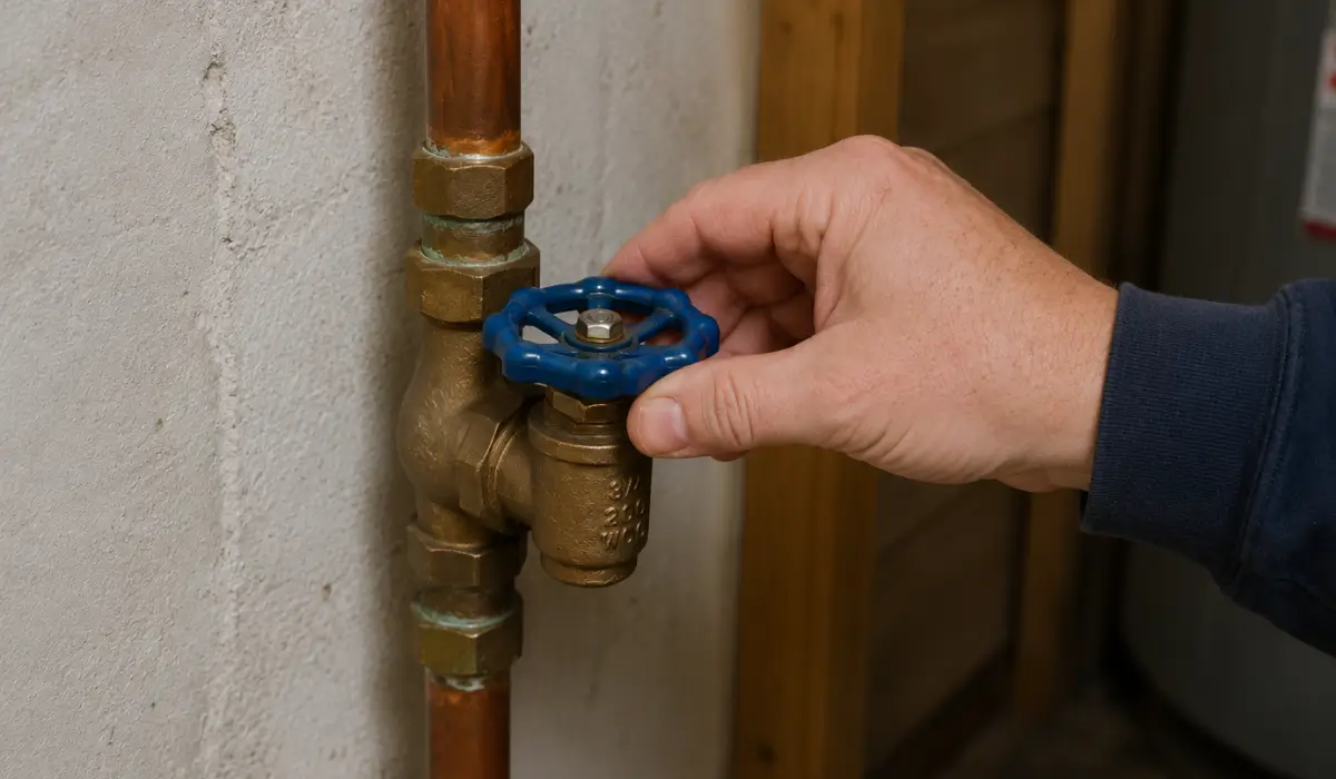 Shut Down Your Plumbing preparation includes checking a residential main water valve before leaving home for vacation.