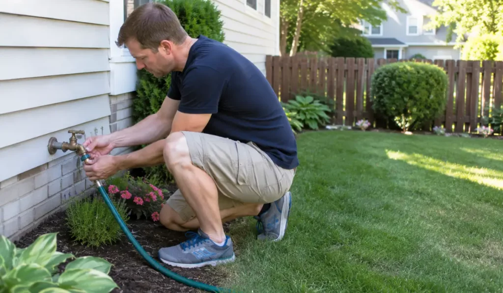 Summer Plumbing Checklist showing homeowner inspecting outdoor faucet before seasonal watering and increased household water usage.