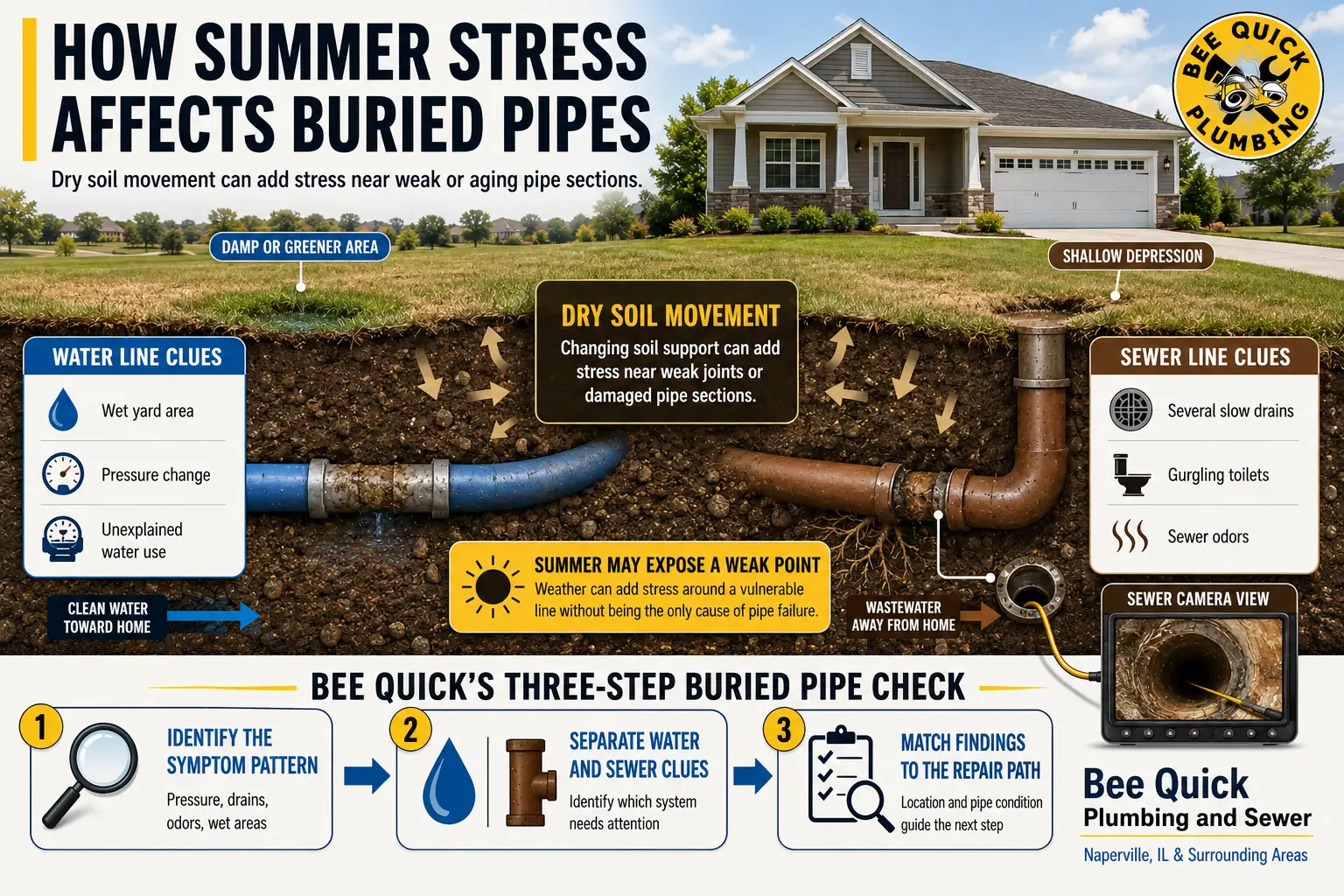 Infographic showing summer soil movement stressing underground pipes and water and sewer warning signs in Naperville.