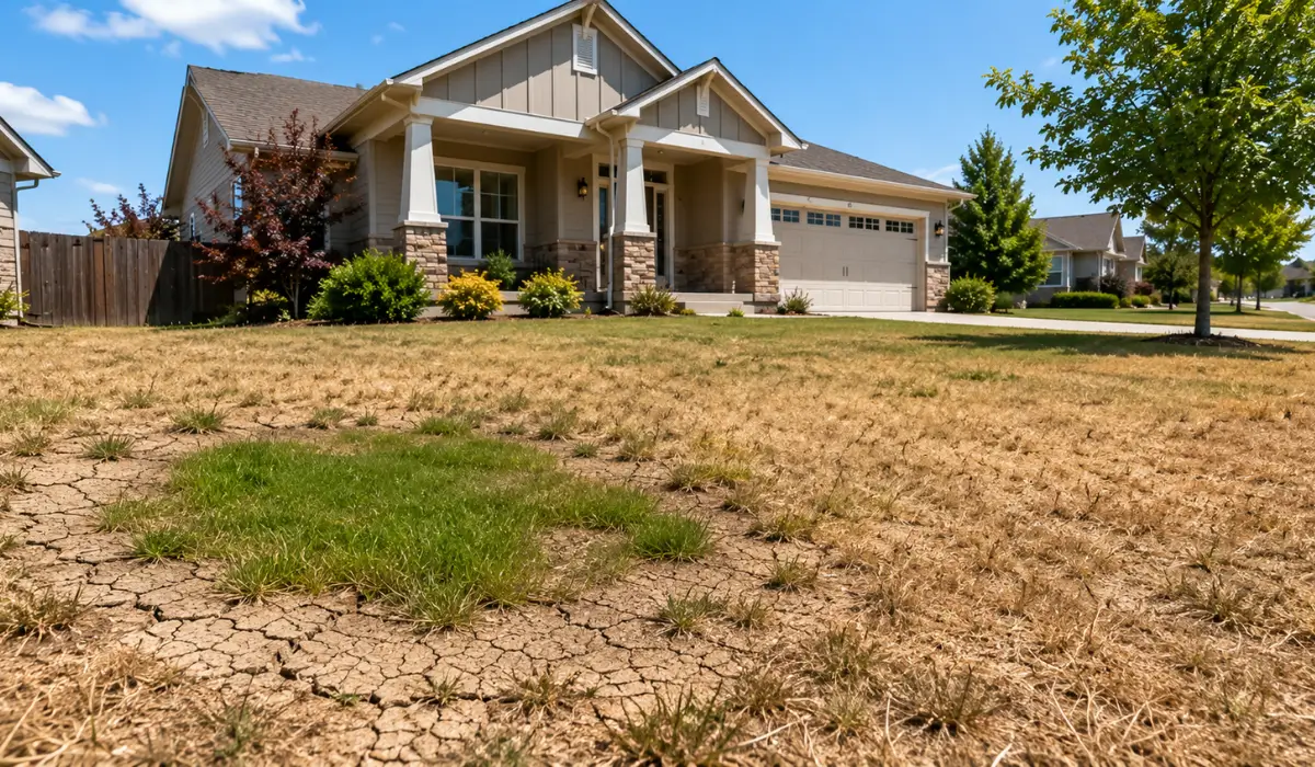 Dry summer lawn with greener grass where Underground Pipes may show hidden water leak warning signs nearby.
