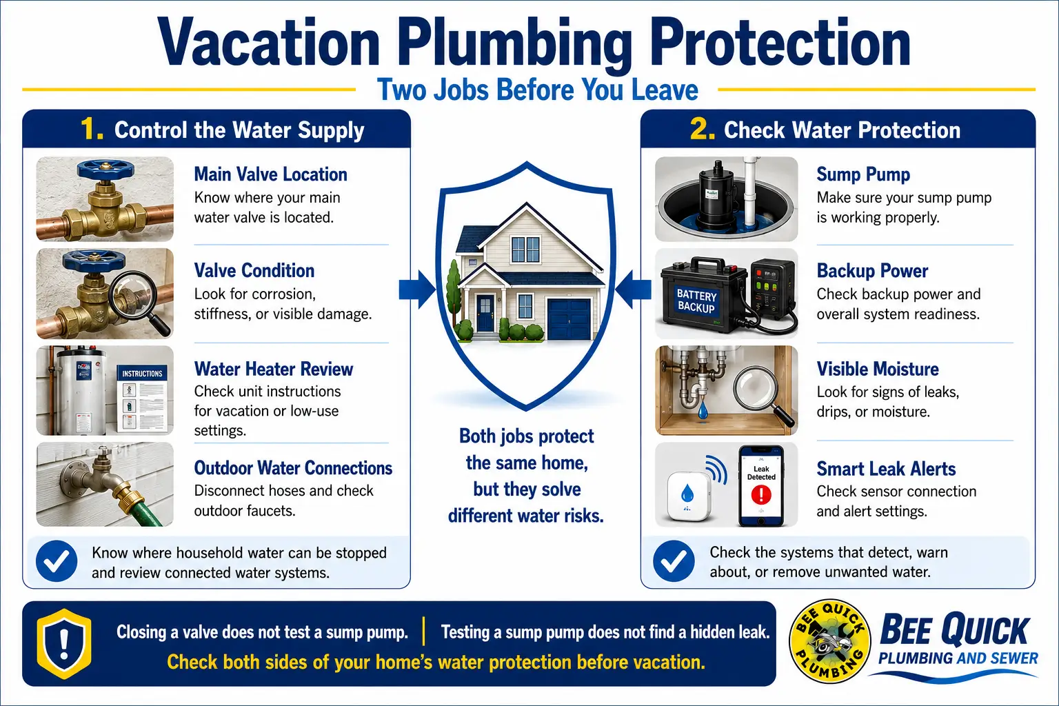 Shut Down Your Plumbing diagram showing water supply controls, sump pump, backup power, moisture checks, and alerts.