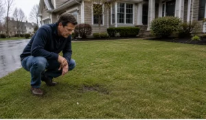 Homeowner inspecting a damp yard spot after rainfall to determine whether a plumbing leak may exist.