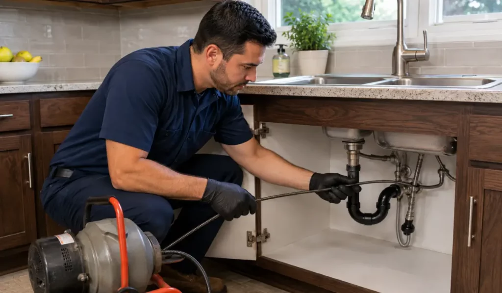 Technician inspecting kitchen drain for Drain Gurgling Sounds caused by hidden clogs, vent restrictions, or blockages.