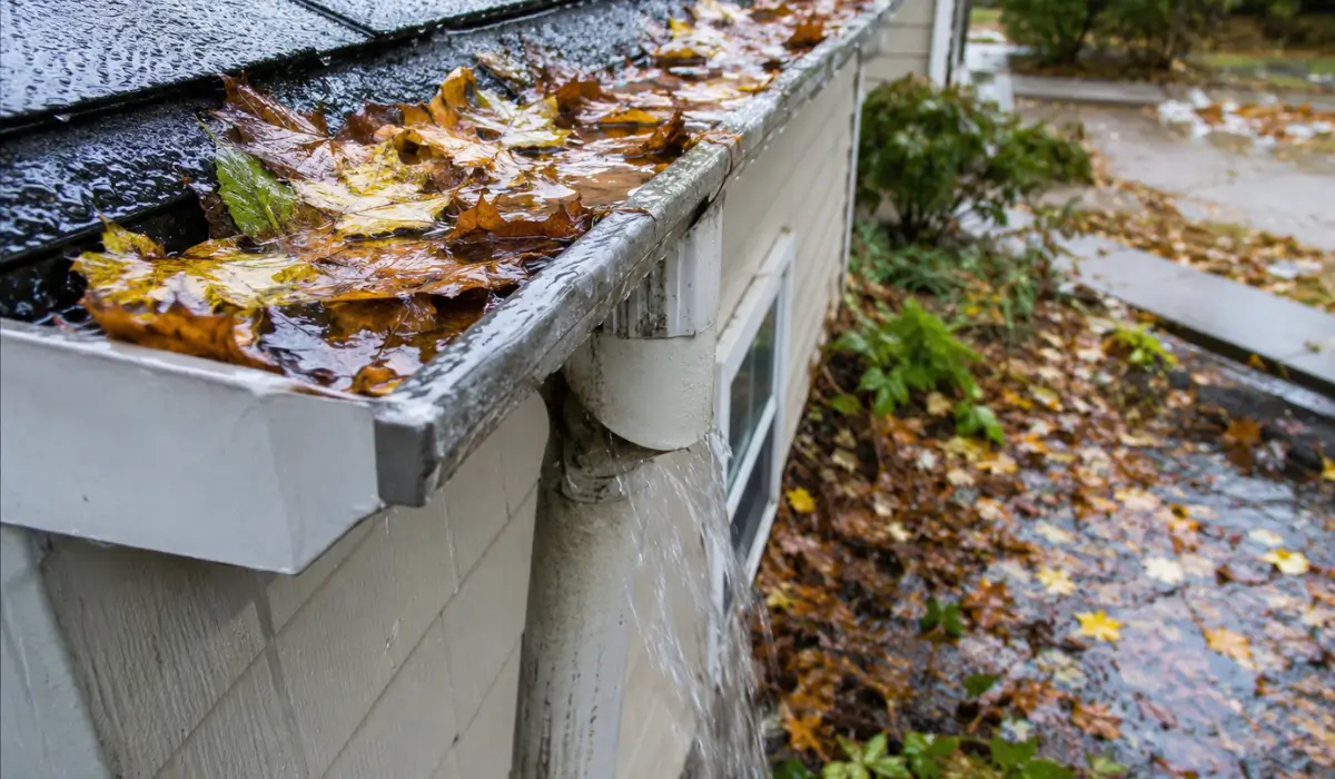 Falling Leaves Clogging Your Drainage System fill a wet gutter while rainwater overflows beside the home.