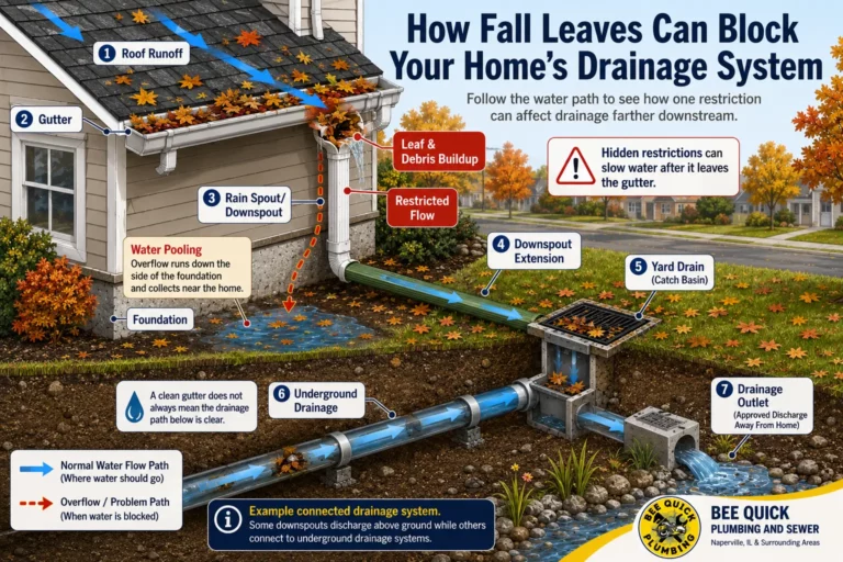 Falling Leaves Clogging Your Drainage System diagram showing gutters, downspouts, yard drains, and underground drainage paths.