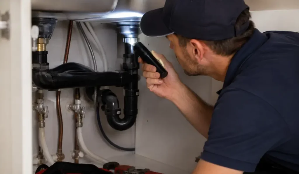 Plumber inspecting under-sink drain pipes with flashlight during a fall Plumbing Prep Checklist for homeowners.
