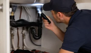 Plumber inspecting under-sink drain pipes with flashlight during a fall Plumbing Prep Checklist for homeowners.