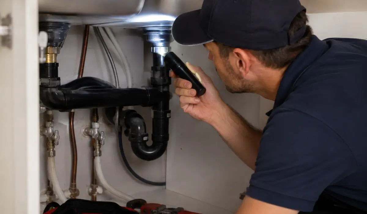 Plumber inspecting under-sink drain pipes with flashlight during a fall Plumbing Prep Checklist for homeowners.