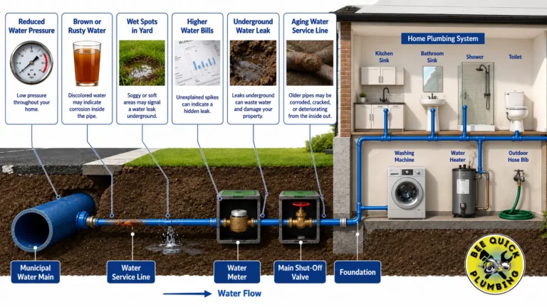 Water Line Replacement diagram showing municipal water main, service line, meter, shut-off valve, leaks, and home plumbing system.