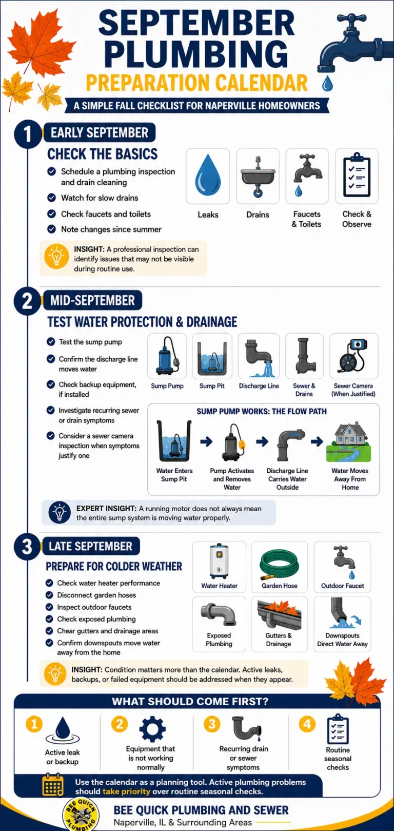 Fall Plumbing Prep Checklist showing September inspection, sump pump, sewer, water heater, and outdoor plumbing tasks.