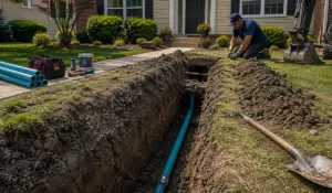 Water Line Replacement showing new residential service line installation through excavated trench beside home during summer conditions.