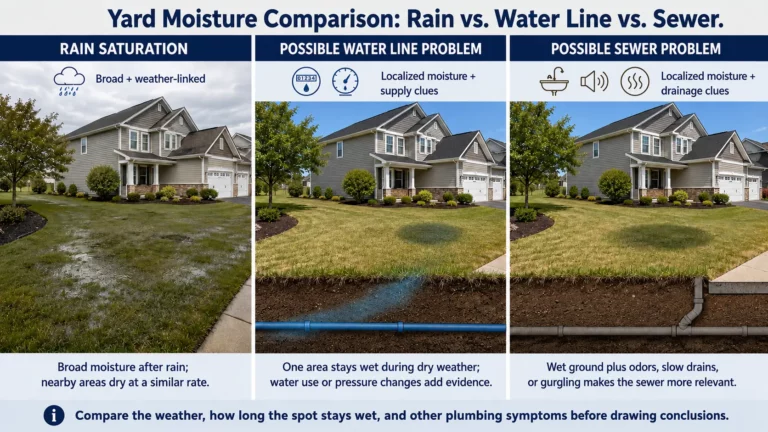 Yard moisture comparison showing rain saturation, possible plumbing leak signs, water line problems, and sewer clues.