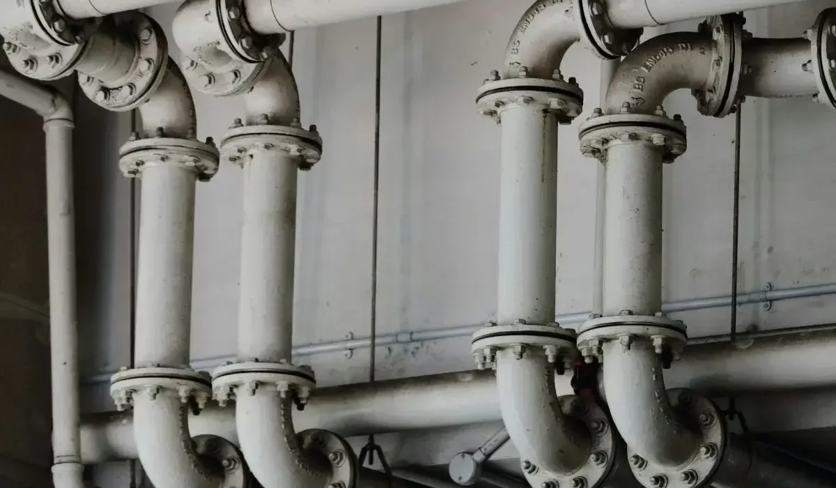 Network of white pipes in a commercial plumbing system, illustrating a well-maintained home plumbing infrastructure