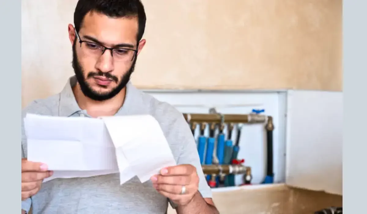 A man examining a plumbing bill, reflecting considerations for how much does a plumber cost in Illinois.