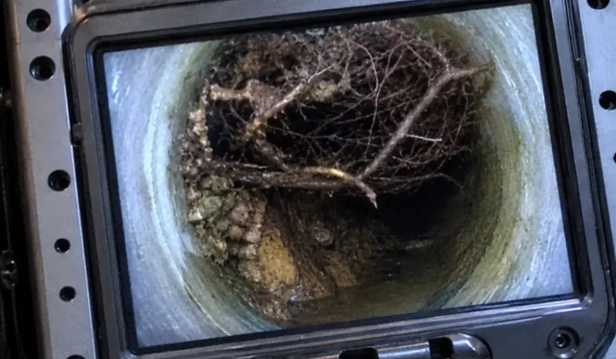 Tree roots and sewer lines during a sewer camera inspection, showing root intrusion inside a residential sewer pipe and the resulting blockage affecting wastewater flow.